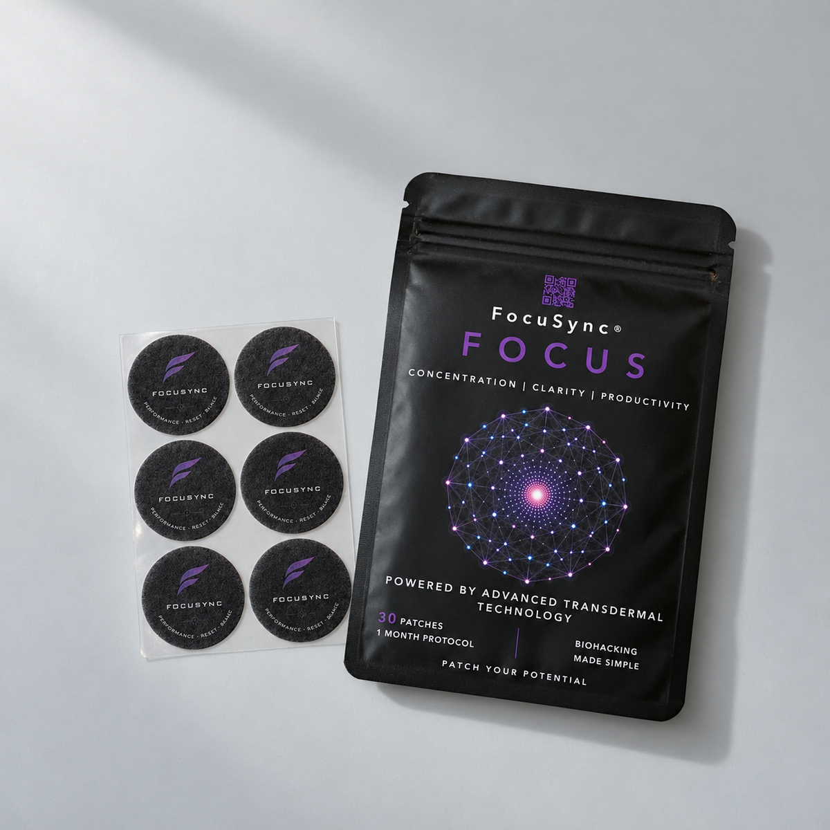 FOCUS — sachet et plaquette de six patchs sur fond gris clair