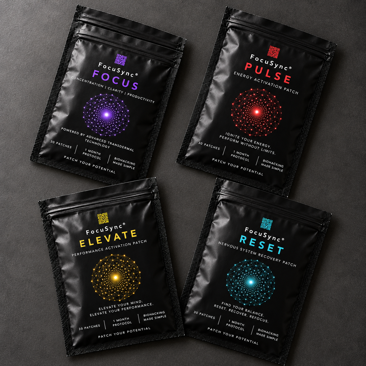 Coffret FocuSync : quatre gammes vues du dessus, sur pierre anthracite