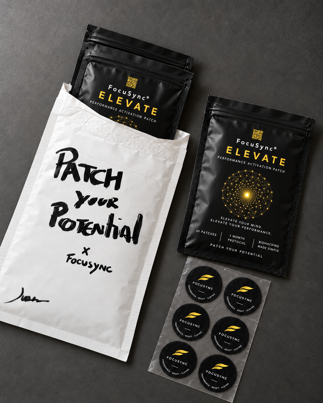 ELEVATE — Cure trois sachets, enveloppe Jude et planche de six patchs