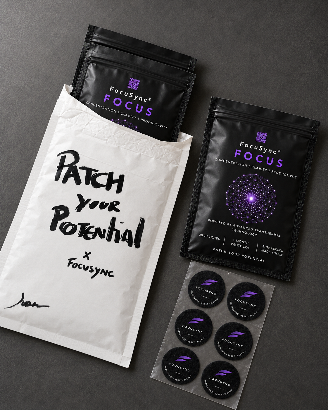 FOCUS — Cure trois sachets, enveloppe Jude et planche de six patchs